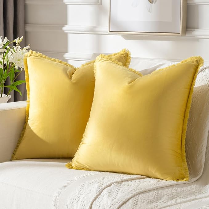 FUTEI Lemon Yellow Velvet Decorative Throw Pillow Covers 16x16 Set of 2,Soft Cozy Edge with Tassels Cushion Case,Boho Modern Home Decor for Couch Bed Living Room