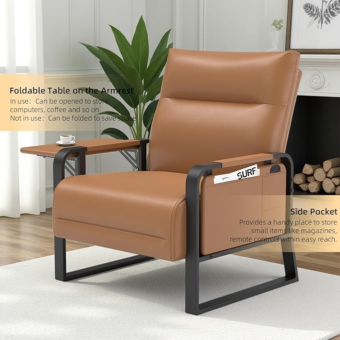 Faux Leather Accent Chairs Set of 2 with Flip Up Tray Tables Soft Backrest for Living Room Office Bedroom Modern Accent Chairs, Brown
