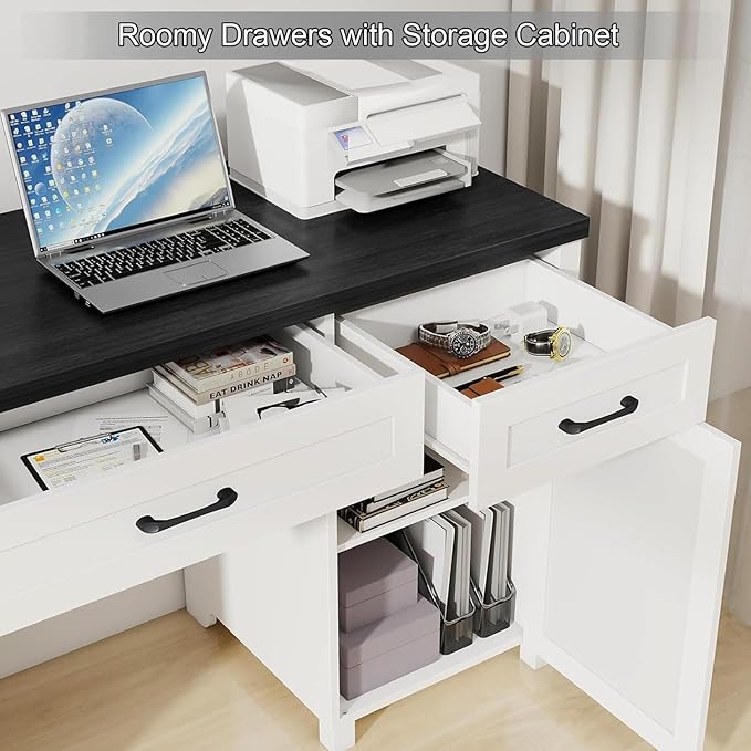 Farmhouse 67" H Executive Desk with Hutch,Office Table with 5 Drawers, Computer Desk with Storage Cabinet & File Drawers and Charging Station, Wood Workstation for Home Office and Study.(Black)