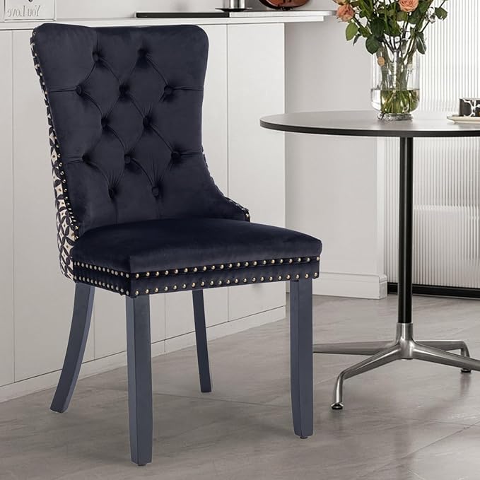 Velvet Upholstered Dining Chairs Set of 2, Modern Style Kitchen Side Chairs with Nailhead Trim and Wood Legs,Metal Pulling Ring for Dining Room Living Room(Quadrangular Star&Black)