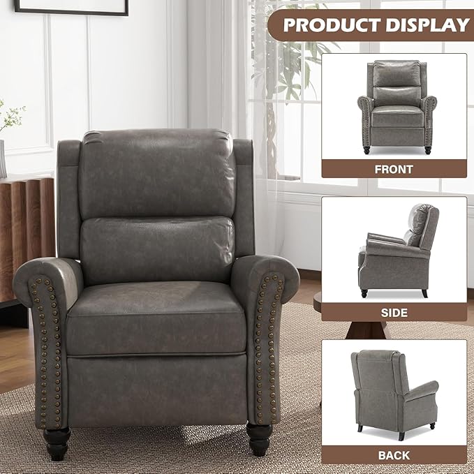 UIXE PU Leather Pushback Recliner Chairs Set of 2, Overstuffed Armchair Push Back Accent Chair for Living Room, Rivet Trim Club Chair Home Theater Single Sofa Bedroom Side Reading Seat - Gray