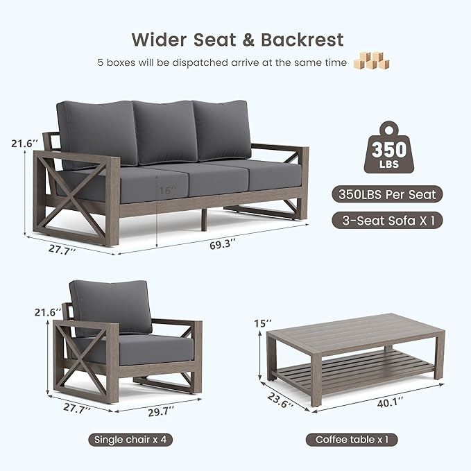 UDPATIO Aluminum Patio Furniture Set, 4 Piece Faux Wood Outdoor Patio Sets with Coffee Table, Metal Patio Furniture Set Modern Outdoor Sectional for Deck Porch Patio, Dark Grey