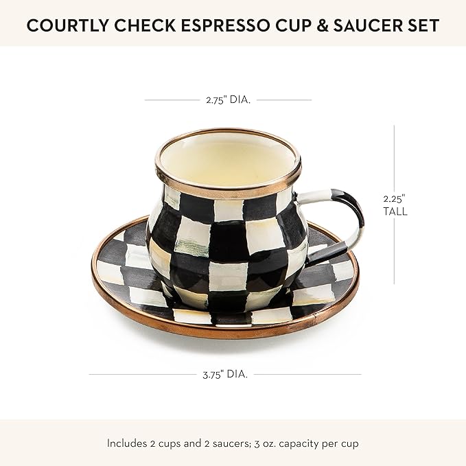 MACKENZIE-CHILDS Espresso Cup and Saucer Set, Cute Small Coffee Cups and Saucers, Set of 2, Black-and-White Courtly Check