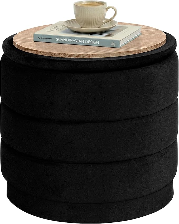 PINPLUS Round Velvet Ottoman Tray, Black Upholstered Decorative Accent for Footstool or Coffee Table, Removable Serving Surface
