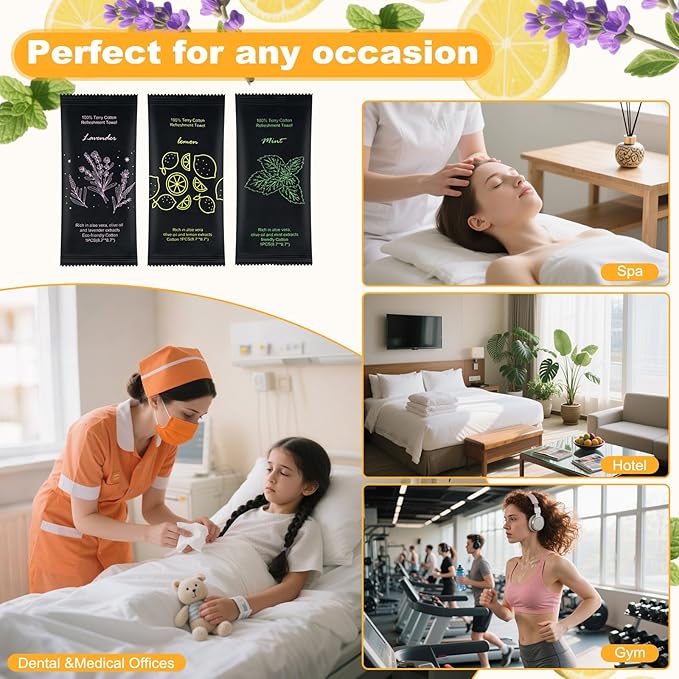 Moist Cotton Towel Bulk Moist Towelettes Individually Wrapped 8.7" x 8.7",White Towel Services,Refreshment Pre Moistened Towels Lavender,Lemon and Mint for Sport Party Spa(Pack of 150)