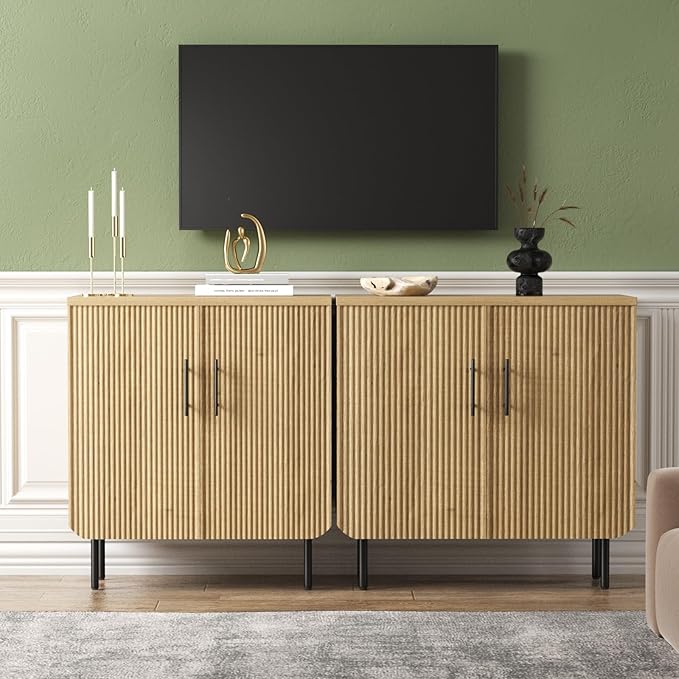 Buffet Cabinet with Storage, Sideboard with 2 Doors, Adjustable Shelf, Fluted Accent Cabinet for Living Room, Modern,Natural