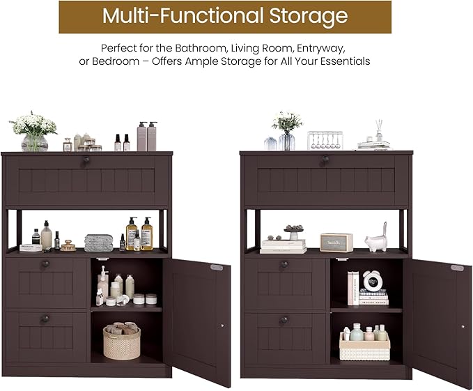 Bathroom Cabinet, Modern Bathroom Floor Storage Cabinet Organizer with 1 Door and 3 Drawers, Freestanding Cupboard for Kitchen/Living Room Use