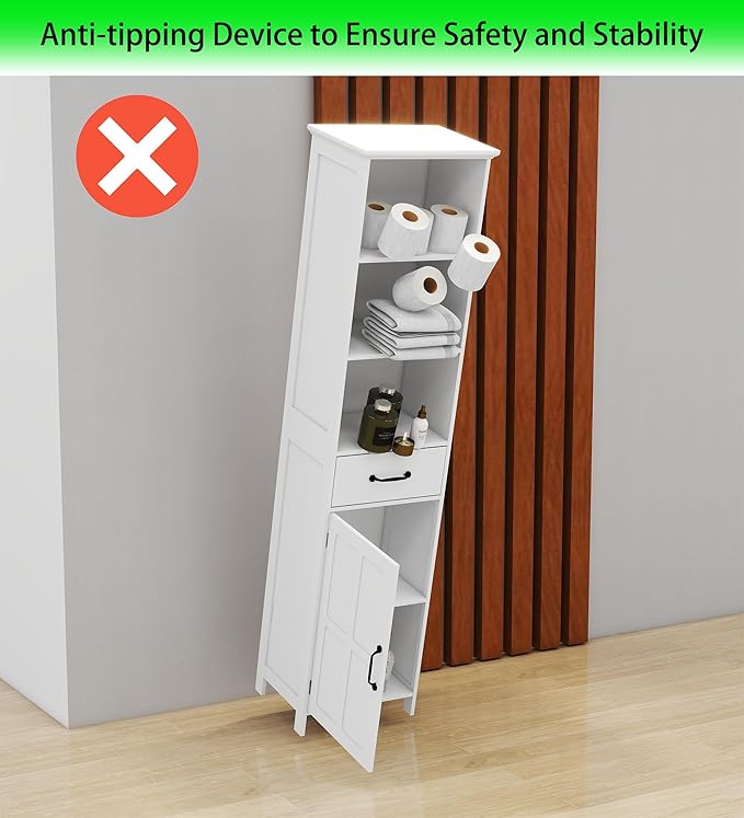 Tall Bathroom Storage Cabinet with Door and Shelves, Narrow Bathroom Cabinet Freestanding, White Slim Storage Cabinet for Home, Kitchen, Anti-Tipping