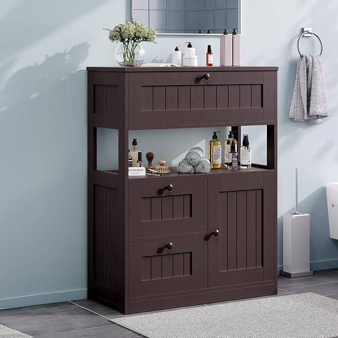 Bathroom Cabinet, Modern Bathroom Floor Storage Cabinet Organizer with 1 Door and 3 Drawers, Freestanding Cupboard for Kitchen/Living Room Use