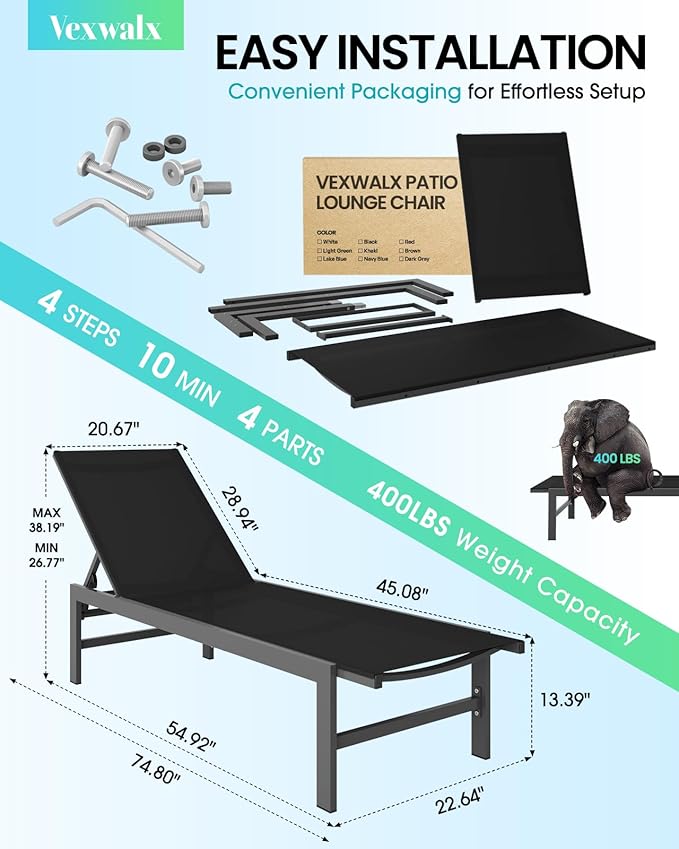 Outdoor Lounge Chairs for Pool, Aluminum Chaise Lounge Chairs with 5-Position Recliner, Patio Lounge Chair for Backyard, Poolside, Deck, Lawn, Black