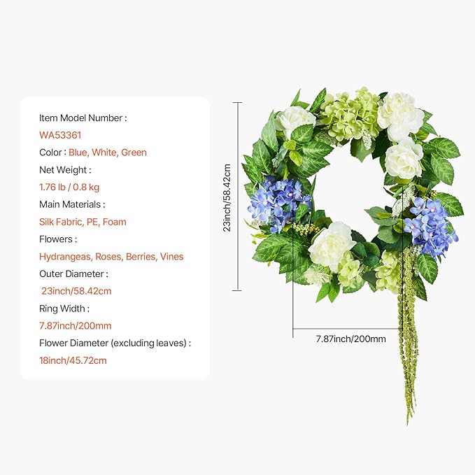 VEVOR Spring Wreath for Front Door 24 Inch - Artificial Hydrangea Wreath with Peonies, Year-Round All Season Outdoor Indoor Decor (Blue White Green Summer Floral)