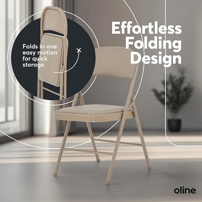 Oline Vinyl Folding Chairs, Padded Vinyl Cushion Chairs with Durable Metal Frame, Indoor Outdoor Stackable Foldable Guest Chairs for Office Wedding Kitchen Dining, 300lb Capacity (Khaki, 2 Pack)