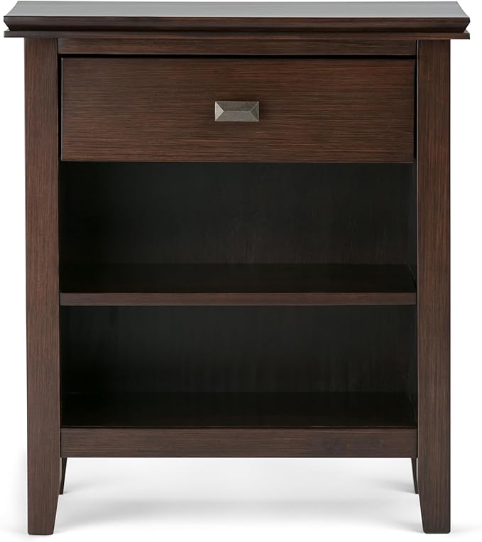 SIMPLIHOME Artisan Bedside Table - 24 inch Wide Solid Wood Nightstand Table in Russet Brown, Contemporary Bedroom Side or End Table with 1 Drawer, Open Shelf Storage and Bronze Knobs
