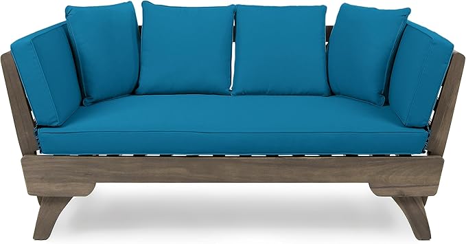 Christopher Knight Home Gary Patio Convertible Couch, Wooden Outdoor Daybed, 3-Seater Acacia Wood Patio Furniture Lounge Sofa for Backyard/Poolside/Garden, Back Pillow+Removable Cushion, Grey+Teal