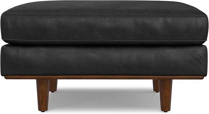 SIMPLIHOME Morrison 33 inch Wide Ottoman in Lead Black Genuine Leather, Multifunctional Footrest, Coffee Table, and Extra Seating for Living Room, Mid-Century Modern Style