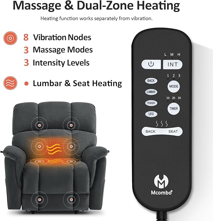 MCombo Large-Wide Dual Motor Power Lift Recliner Chair, Massage and Dual Heating for Elderly People, Infinite Position, Fabric R7166 (Dark Grey)