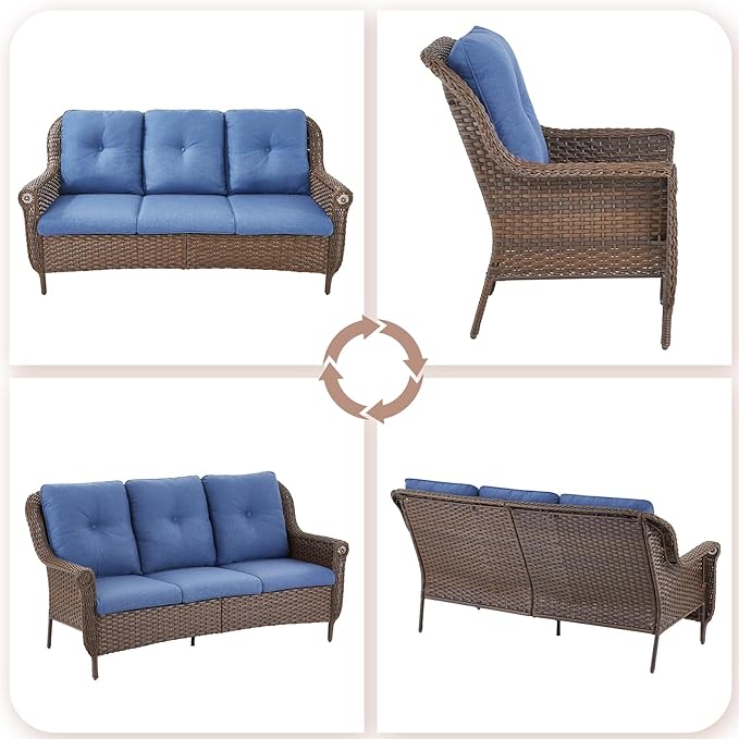 Patio Couch Outdoor Wicker Sofa - Heavy Duty All-Weather Brown Rattan 3-Seater with High Back and Comfortable Thick Cushions for Garden Back Porch Poolside Apartment - Navy Blue