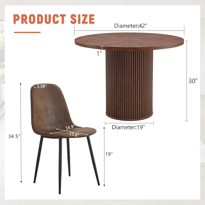 Round Dining Table Set for 6 with Storage, 42" Round Dining Table with 6 Suede Chairs, 7 Piece Kitchen Table Chairs Set of 6 with Thick Wood Top, Roman Column Pedestal, Space-Saving