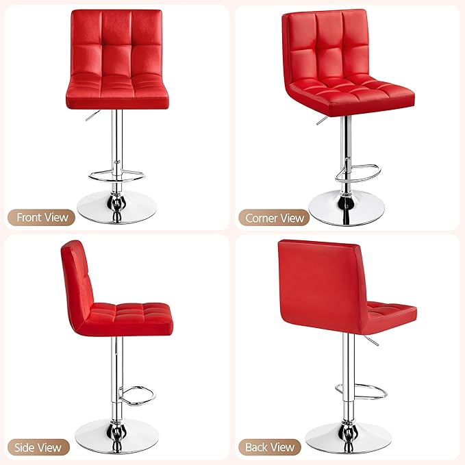 Yaheetech Bar Stools Set of 2, Adjustable PU Leather Swivel Barstools, Modern Counter Stools with Back and Footrest, Counter Height Barstools for Bar, Kitchen, Dining Room, Red