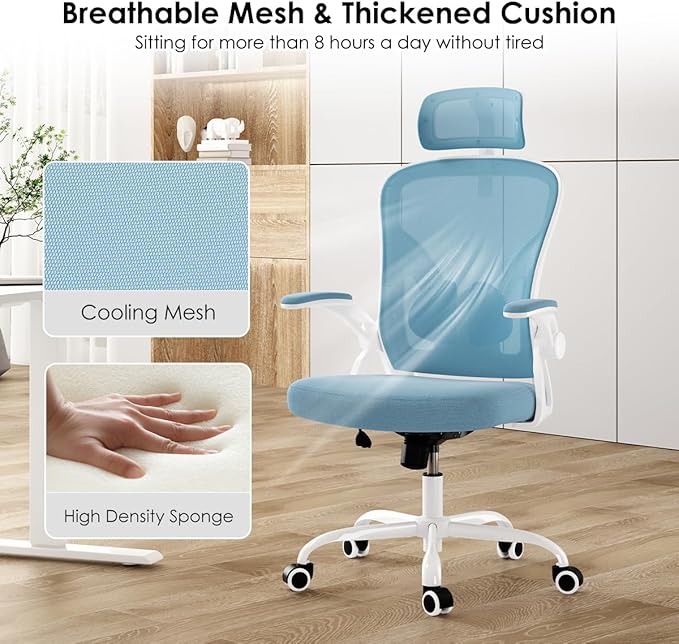 Farini Ergonomic Office Chair, Home Office Desk Chair with Headrest, High Back Computer Chair with Armrests and Adjustable Lumbar Support for Home Office Study Room, White & Blue