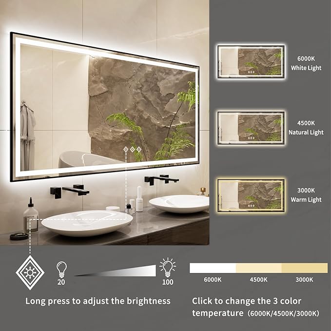 Lighted Vanity Mirror, 72x36 Inch Black Framed Gradient Front and Backlit Bathroom Mirrors for Vanity, 3 Colors Dimmable CRI>90, IP54 Enhanced Anti-Fog Wall Mounted LED Vanity Mirror
