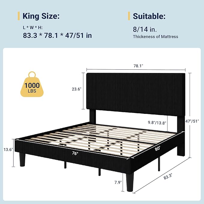 Allewie King Size Upholstered Bed Frame with Vertical Channel Tufted Headboard, Soft Corduroy Fabric Platform Bed, Strong Wooden Slats Support, Easy Assembly, No Box Spring Needed, Black