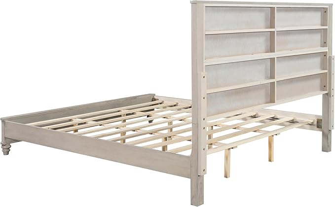 King Size Solid Wood Platform Bed Frame, Solid Wood Bed with 79.13" Headboard, Solid Wood Leg/No Box Spring Needed/Noise Free/Beige
