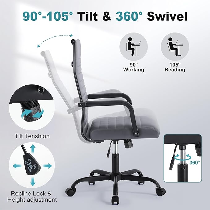 Office Desk Chair, Ergonomic Conference Room Chairs, PU Leather Executive Ribbed Computer Chair, Swivel Rolling Chair for Home Office