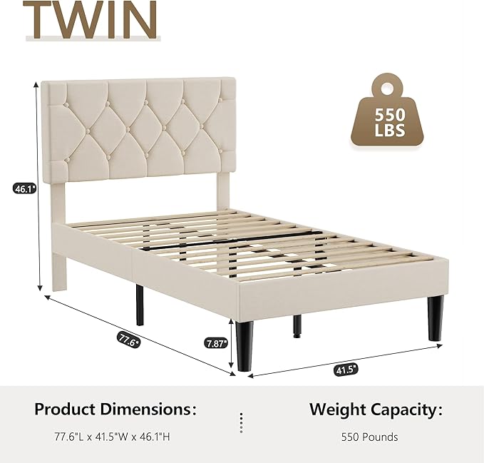 VECELO Twin Size Bed Frame with Button Tufted Headboard, Upholstered Platform Bedframe with Wood Slat Support, No Box Spring Needed, Cream Beige