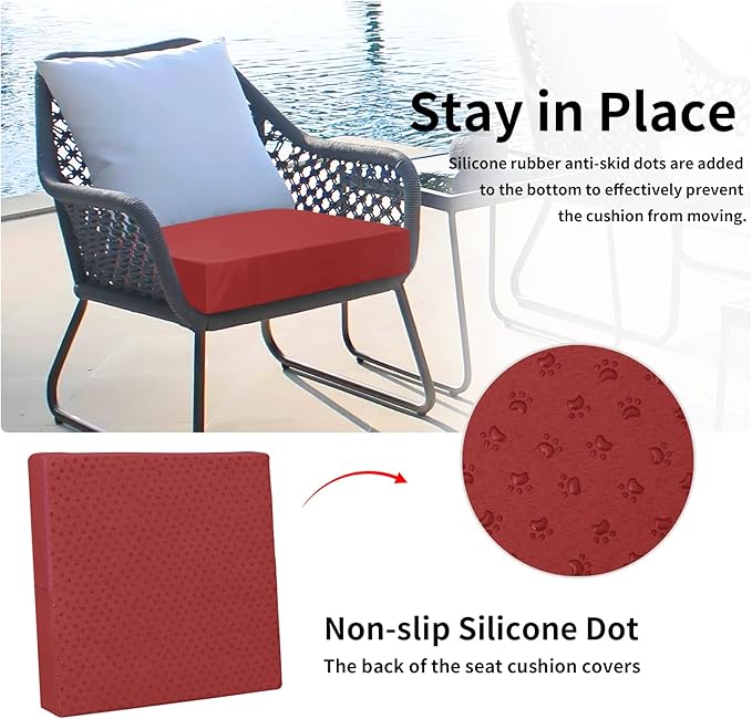 Easy-Going Waterproof Patio Cushion Covers 22x22x4 inch 2 Pack Replacement Non-Slip Outdoor Seat Cushion Slipcover with Zipper. Red