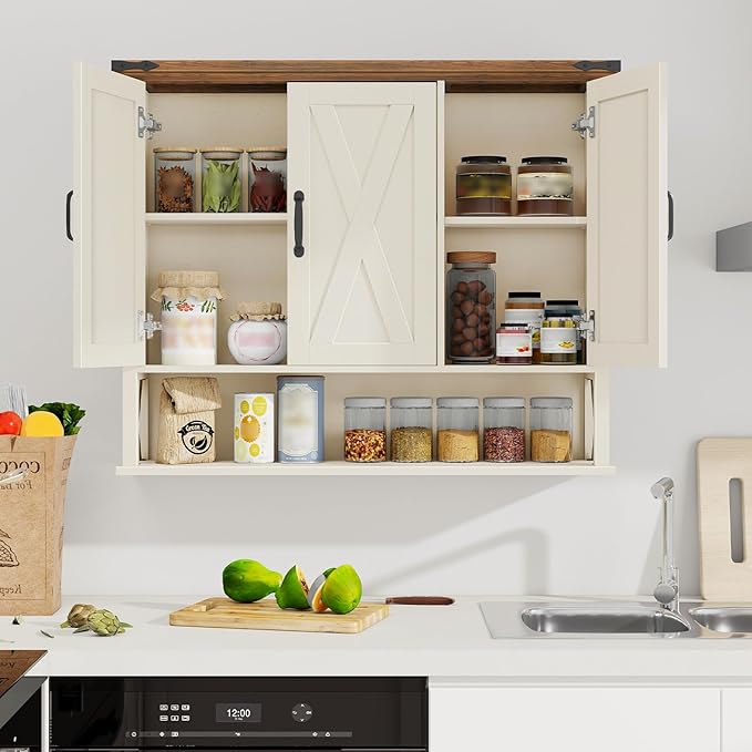 Bathroom Wall Cabinet, Farmhouse Medicine Cabinet with Adjustable Wood Shelf & 3 Doors, Over The Toilet Storage Cabinet for Wall Mounted for Bathroom Laundry Room Kitchen, White and Brown