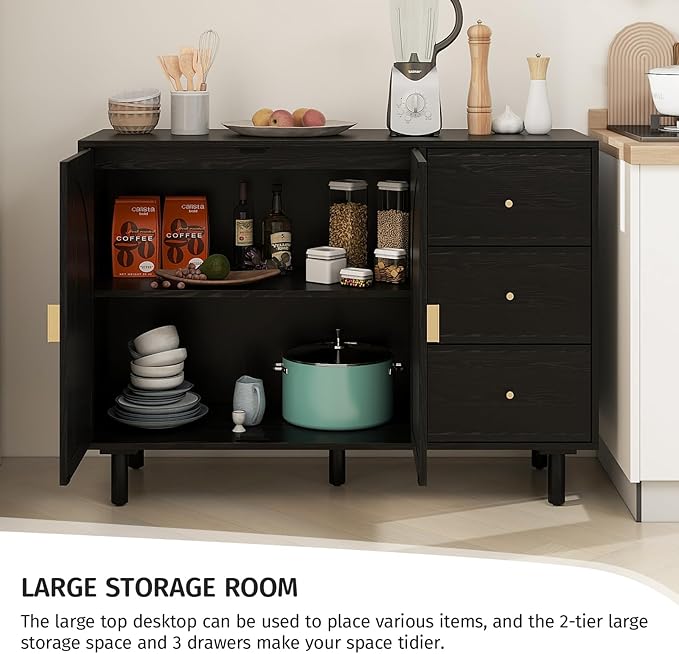 Black 2 Door 3 Drawer Rattan Cabinet, Accent Storage Cabinets with Cane Door, Stylish Boho Buffet Table with Storage,Black Rattan Cabinet Wood Credenza for Dining Room,Bathroom,Study,Kitchen