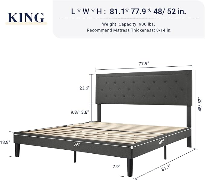 Allewie King Size Fabric Upholstered Bed Frame with Diamond Button Tufted/Adjustable Headboard/Wood Slat Support/Mattress Foundation/Dark Grey