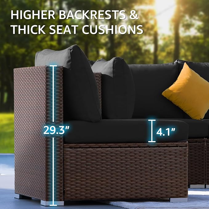 NICESOUL Modern Large Patio Furniture Set with Firepit Propane/Natural Gas, 29.3'' High Back Comfy Outdoor Sectional Couch Sofa Sets, 9 Piece Extra Wide Modular Sitting, Brown Rattan and Black Cushion