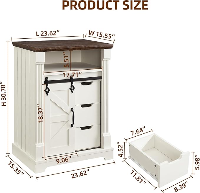 Bathroom Floor Cabinet, Farmhouse Storage Cabinet with Sliding Barn Door, Small Storage Cabinet with Drawer for Bathroom, Kitchen, Living Room, Rustic Style (Antique White)