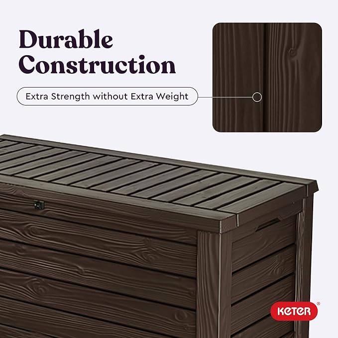 Keter Westwood 150 Gallon Deck Box Organizer, Doubles as 2-Person Bench Seat, Brown – Large Resin Outdoor Storage and Seating with Lockable Lid for Garden, Pool, and Patio