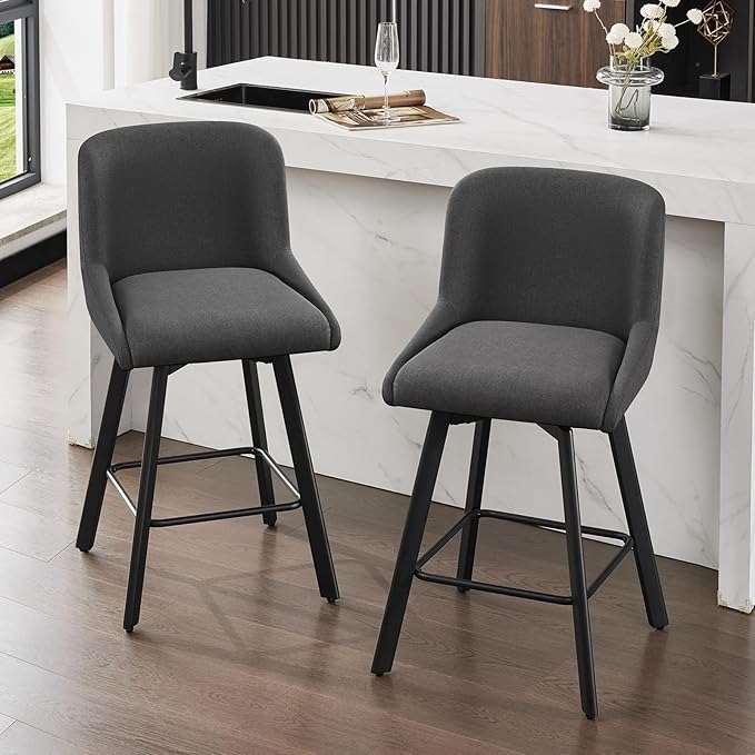 Swivel Counter Height Bar Stools Set of 4, 26''H Upholstered Barstools with Backs, Modern Bar Stool Chairs for Kitchen Island, Metal Legs, Fabric, Black Grey Stools Counter Chair