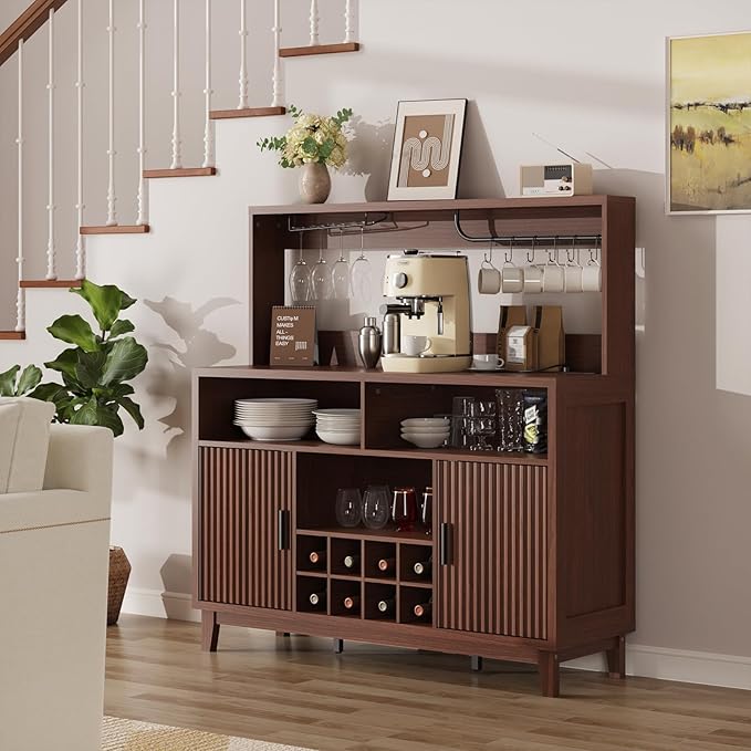 Fluted Buffet Cabinet with Storage, Modern Coffee Bar Cabinet with Outlet, Wine Rack, Cup Holder, Multi-Functional Accent Liquor Cabinet for Living Room, Entryway, Kitchen, Walnut