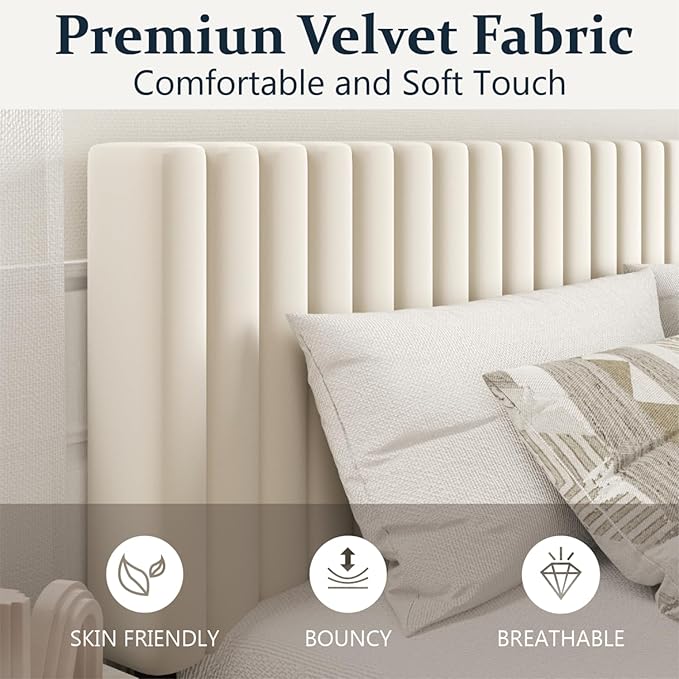 Queen Size Platform Bed Frame with Velvet Upholstered Headboard, Queen Bed Frame with Strong Wood Slats, Box Spring Optional, Mattress Foundation, Easy Assembly Beige