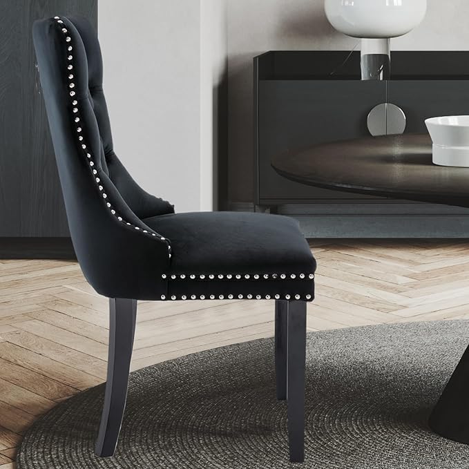 Velvet Upholstered Dining Chairs Set of 8, Modern Style Kitchen Side Chairs with Nailhead Trim and Wood Legs,Metal Pulling Ring for Dining Room Living Room(Black)
