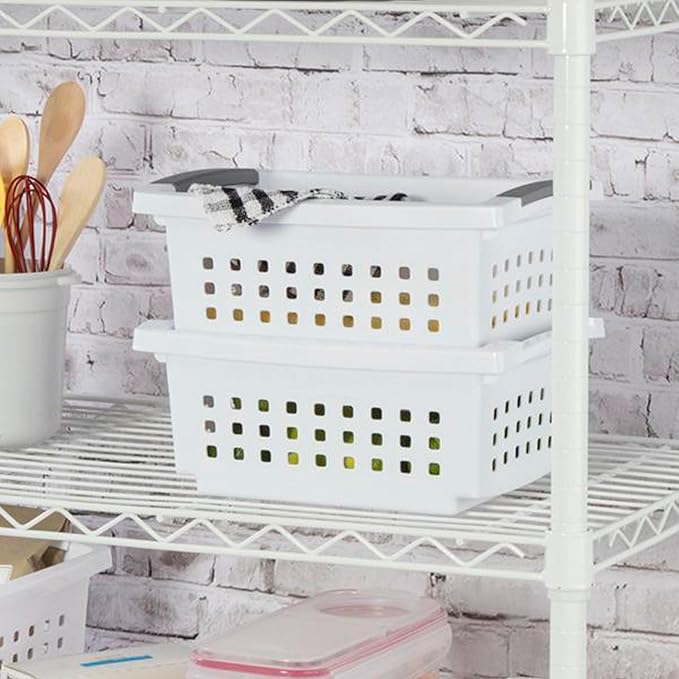 Sterilite 16608008 Small Stacking Basket with Vertical Stacking Functionality and Titanium Accents for Organization in Home or Office, White (16 Pack)