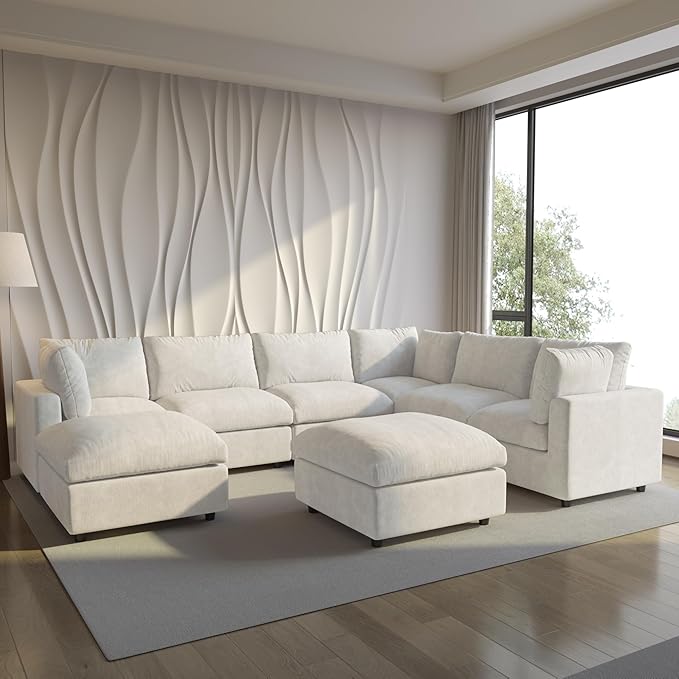 Modular Sectional Sofa with Ottoman,134inch U Shaped Convertible Cloud Couch,8 Seater Convertible V Shaped Living Room Sets,Cover Washable and Replaceable Couches for Living Room,Beige
