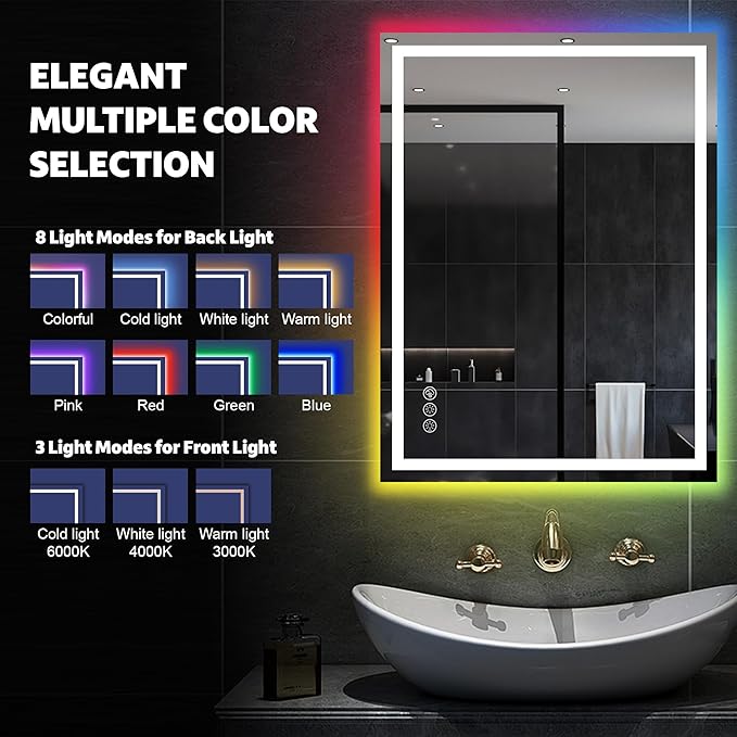 Awoco LED Bathroom Mirror, 55" x 36 Vanity Mirror with 8 Colors RGB Backlit and 3 Colors Front Light, Dimmable Anti-Fog Lighted Mirror, Memory Function, for Bathroom Wall