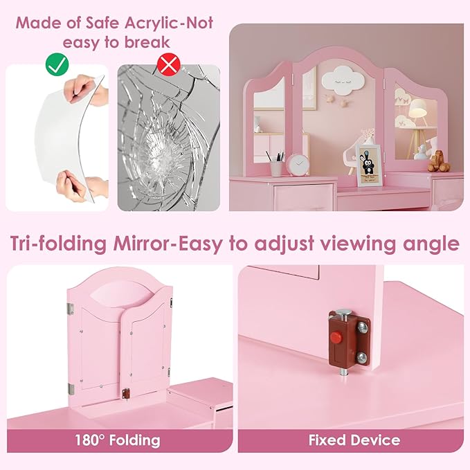 Arlopu Kids Vanity Set, 2 in 1 Toddler Makeup Dressing Table and Chair Set w/Detachable Tri-fold Mirror, Open Shelves, Princess Wooden Pretend Play Desk Furniture Toy for Little Girl (Pink)