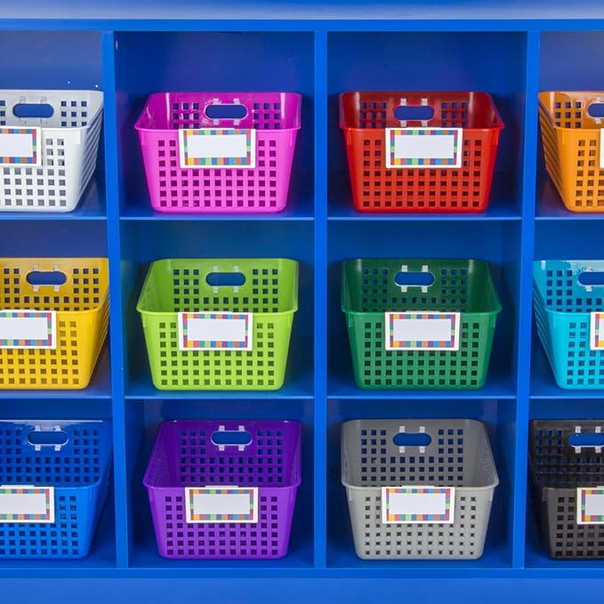 Really Good Stuff - 160016BK Multi-Purpose Plastic Storage Baskets for Classroom or Home Use - Stackable Mesh Plastic Baskets with Grip Handles 13" x 10" (Black - Set of 12)