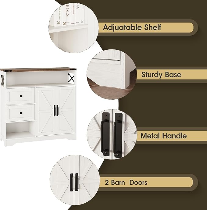 Fameill Farmhouse Storage Cabinet with Drawers and Open Storage,Freestanding Kitchen Pantry with 2 Barn Doors, Floor Cabinet with Adjustable Shelf for Living Room,White