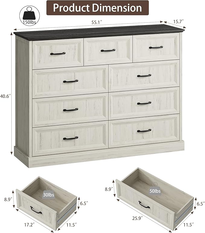 CARPETNAL Farmhouse 9 Drawer Dresser for Bedroom, 55 Inch Wide Modern White Dresser TV Stand with Large Drawers & Bar Handles, Rustic Wood Chest of Drawers for Bedroom, Living Room, Hallway, Entryway.