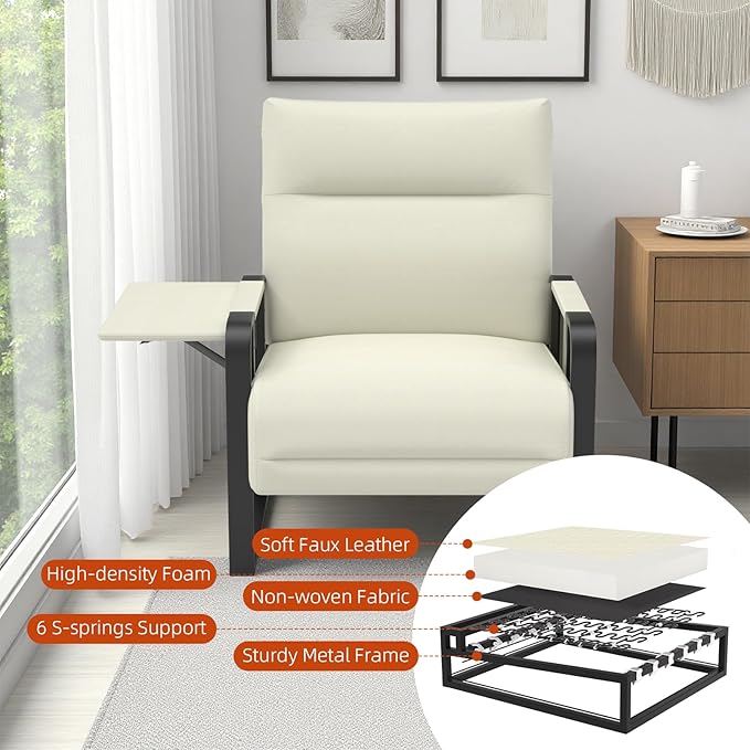 Upholstered Accent Chair, Modern Faux Leather Sofa Chair with Foldable Side Tray Table & Storage Pocket, Small Accent Sofa for Living Room, Bedroom, Reception Room, Beige