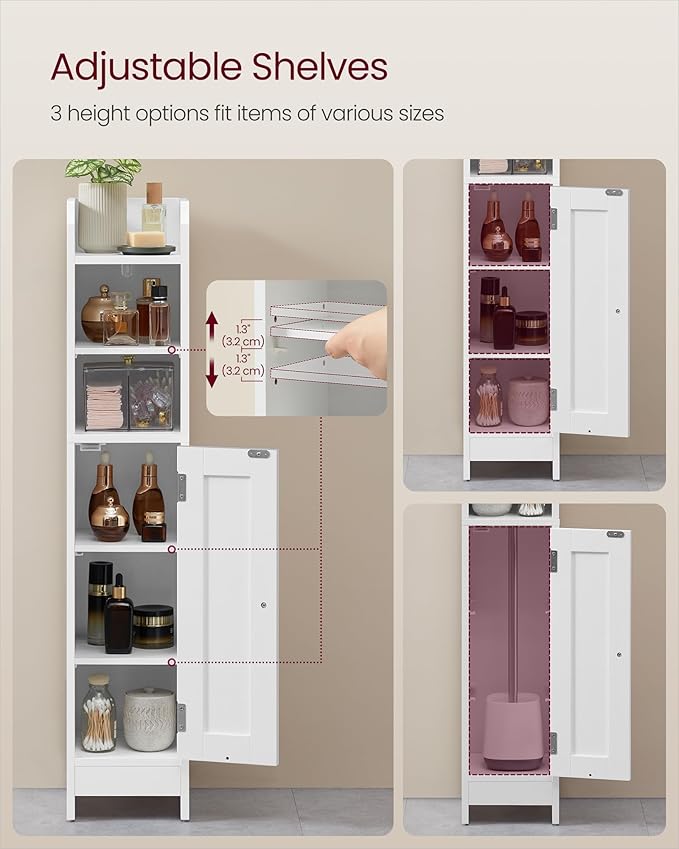 VASAGLE Small Storage Corner Floor Cabinet with Door, 7.9 x 7.1 x 36.2 Inches, Narrow Toilet Paper Storage Holder, Adjustable Shelves, for Bathroom, Living Room, Small Spaces, Cloud White UBBC311W01