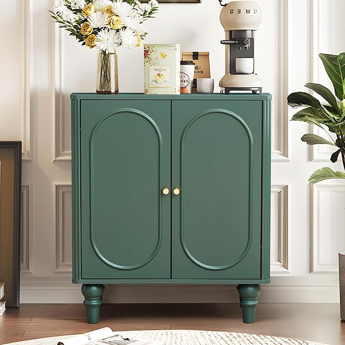 ORRD Fluted Storage Cabinet, Modern Credenza Wooden Accent Sideboard Buffet Cabinet with Adjustable Shelves and Solid Wood Legs, Console Table for Kitchen Dining Living Room Entryway, Green